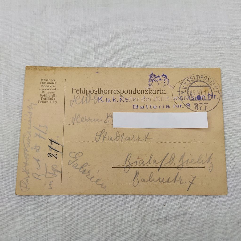 K.u.k.Feldpost 377, Artyleria R.A.R. 7/3, Bielitz