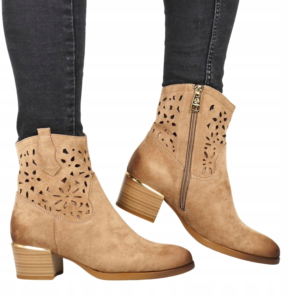 CIEMNY BEŻ BOTKI KOWBOJKI AŻUROWE NA OBCASIE BUTY WIOSENNE WKŁADKA SKÓRA 38