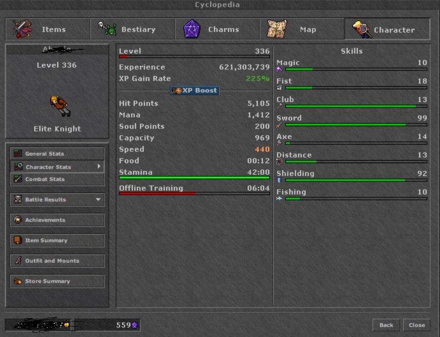 Tibia Damora 336 EK 3lvl crit, dummy, imbu shrine