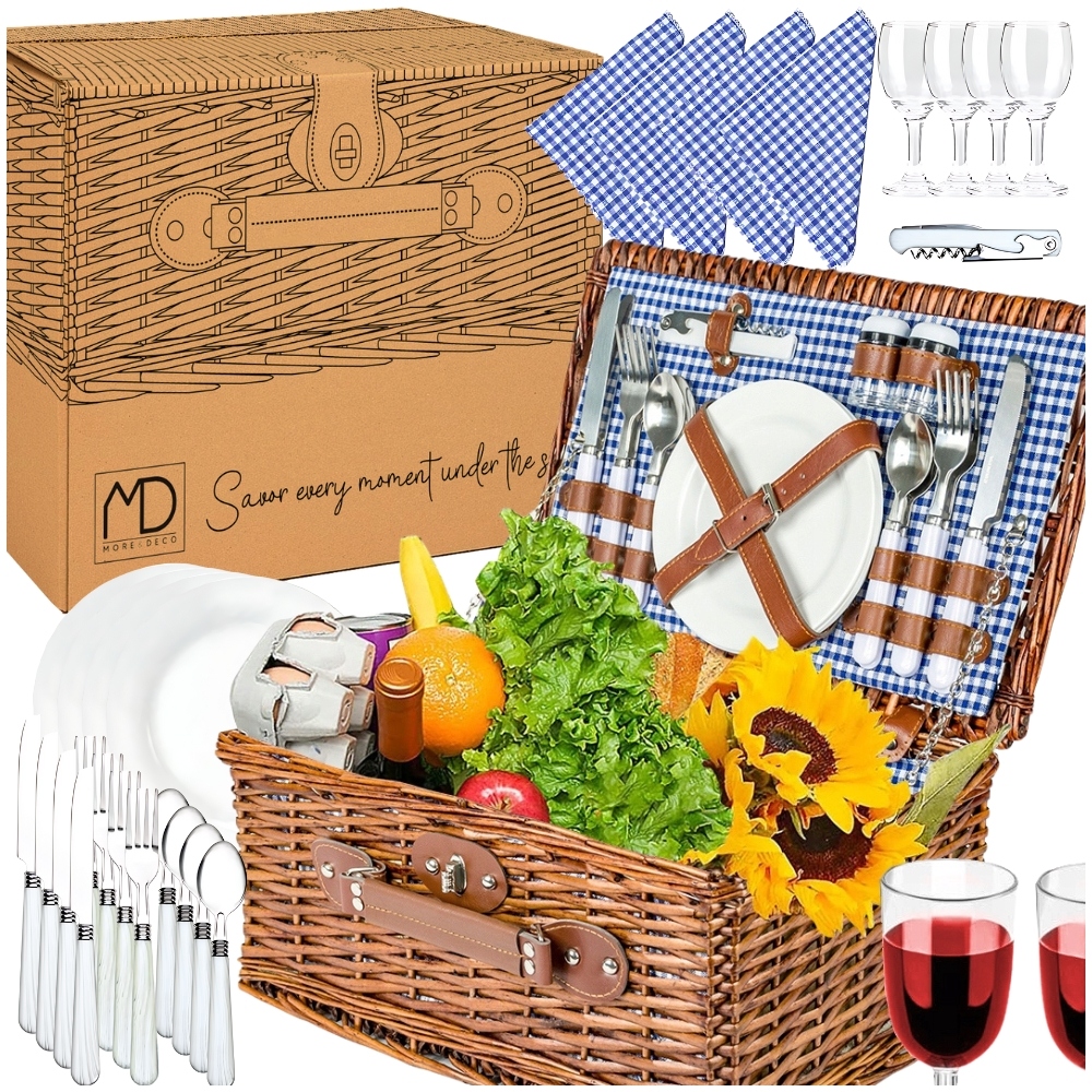 KOSZYK KOSZ WIKLINOWY PLECIONY PIKNIKOWY 4 OSÓB ZESTAW SZTUĆCE TALERZE BRĄZ