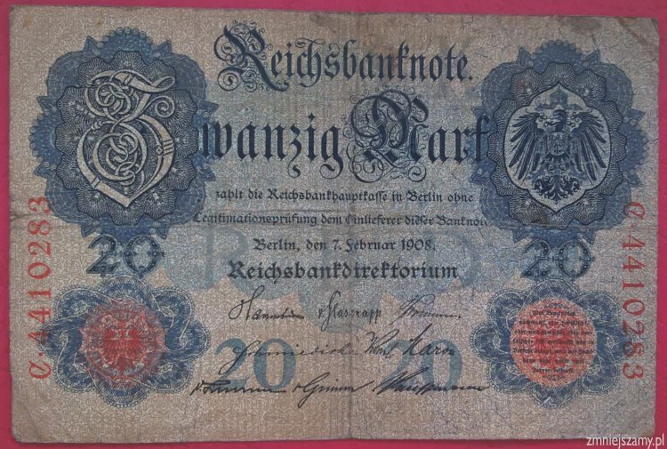 Niemcy - Oryginalne 20 marek z 1908 r. - seria C