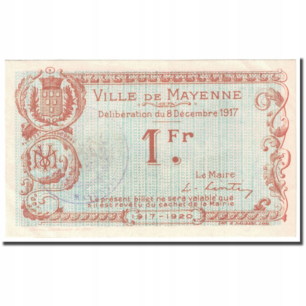 Francja, Mayenne, 1 Franc, 1917, Bon Municipal., U