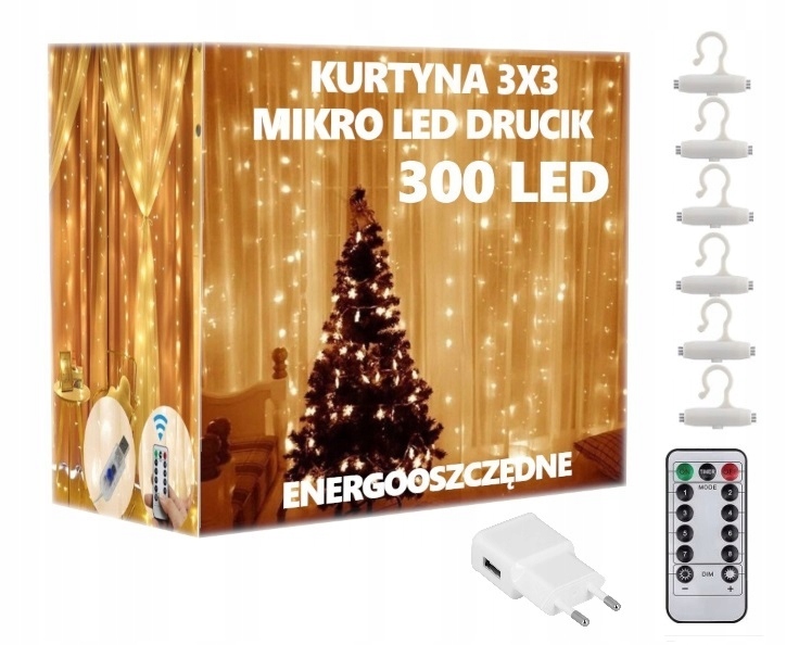 KURTYNA ŚWIETLNA MIKRO DRUCIK LED 300x300 cm w okno ciepła + zasilacz pilot