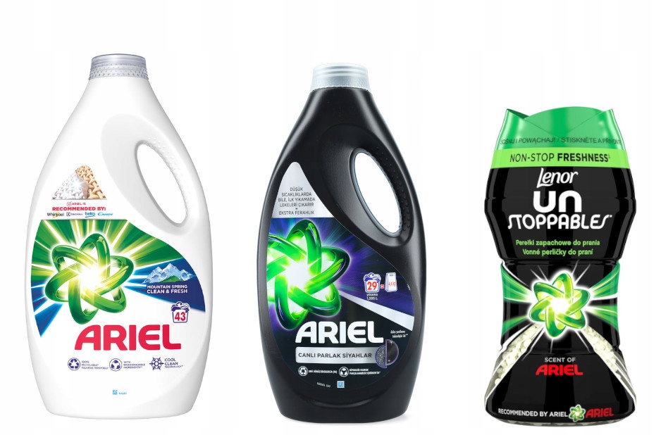 ARIEL BLACK ŻEL 1,59L + SPRING ŻEL BIALE 2,15L + LENOR PEREŁKI ARIEL 140g
