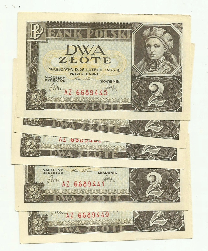 2 złote 1936 seria AZ stan 2 kolejne numery