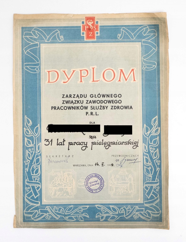 DYPLOM ZA 31 LAT PRACY PIELĘGNIARSKIEJ 1959