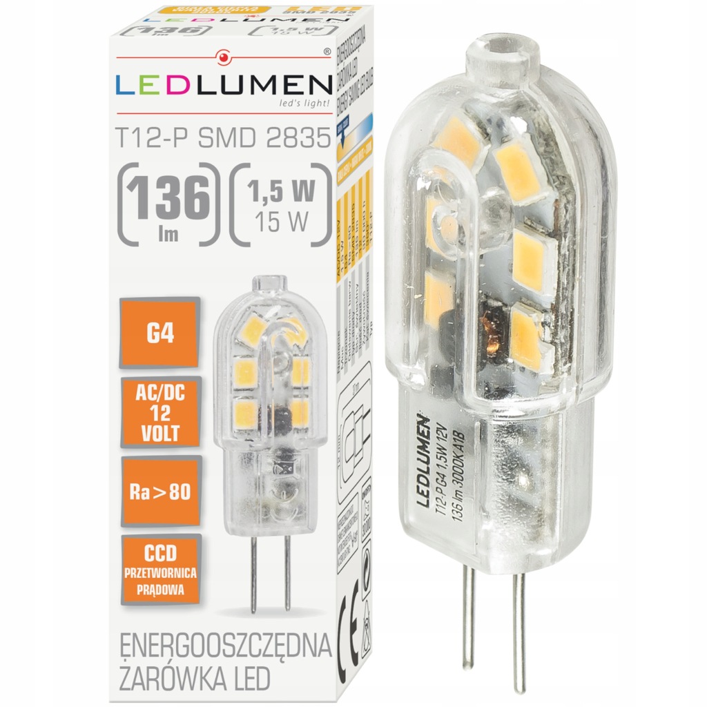 Żarówka LED G4 12V AC/DC 1,5W=15W SMD 136lm Ciepła