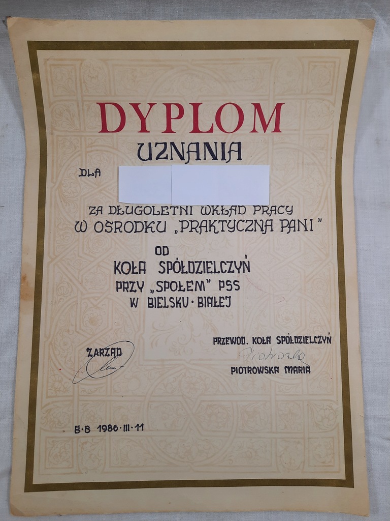 Dyplom uznania Koło Spół. Społem Bielsko 1986 r.