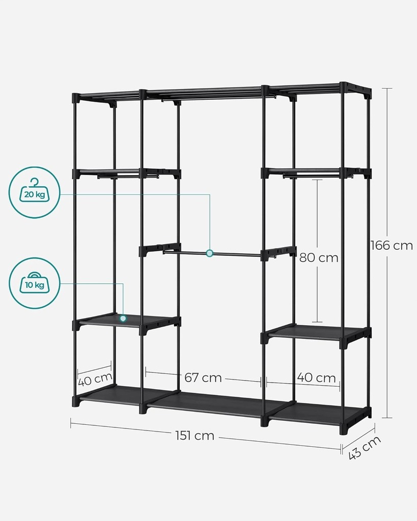 Szafa otwarta, 4 x drążek na ubrania, 10 x półka 43 x 151 x 166 cm
