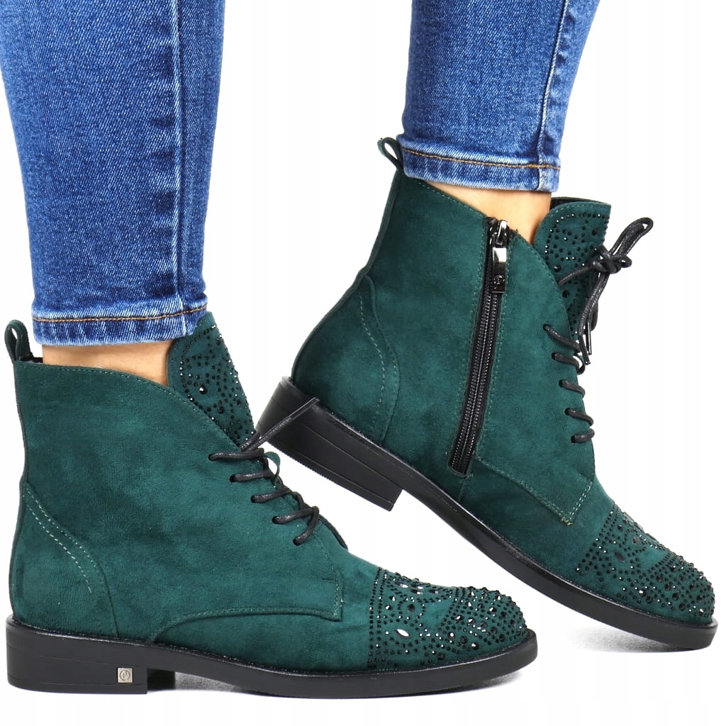 BOTKI DAMSKIE ZIELONE ZAMSZOWE MODNE Z OZDOBNYMI CYRKONIAMI POTOCKI 40