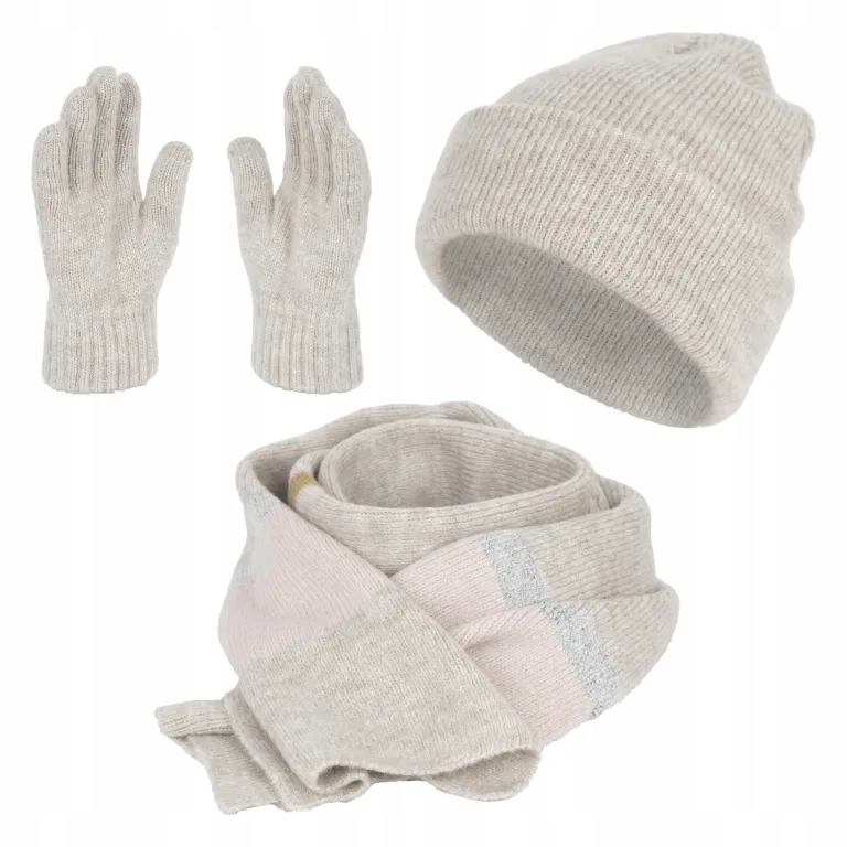 W477B Beżowy komplet zimowy damski czapka szalik rękawiczki