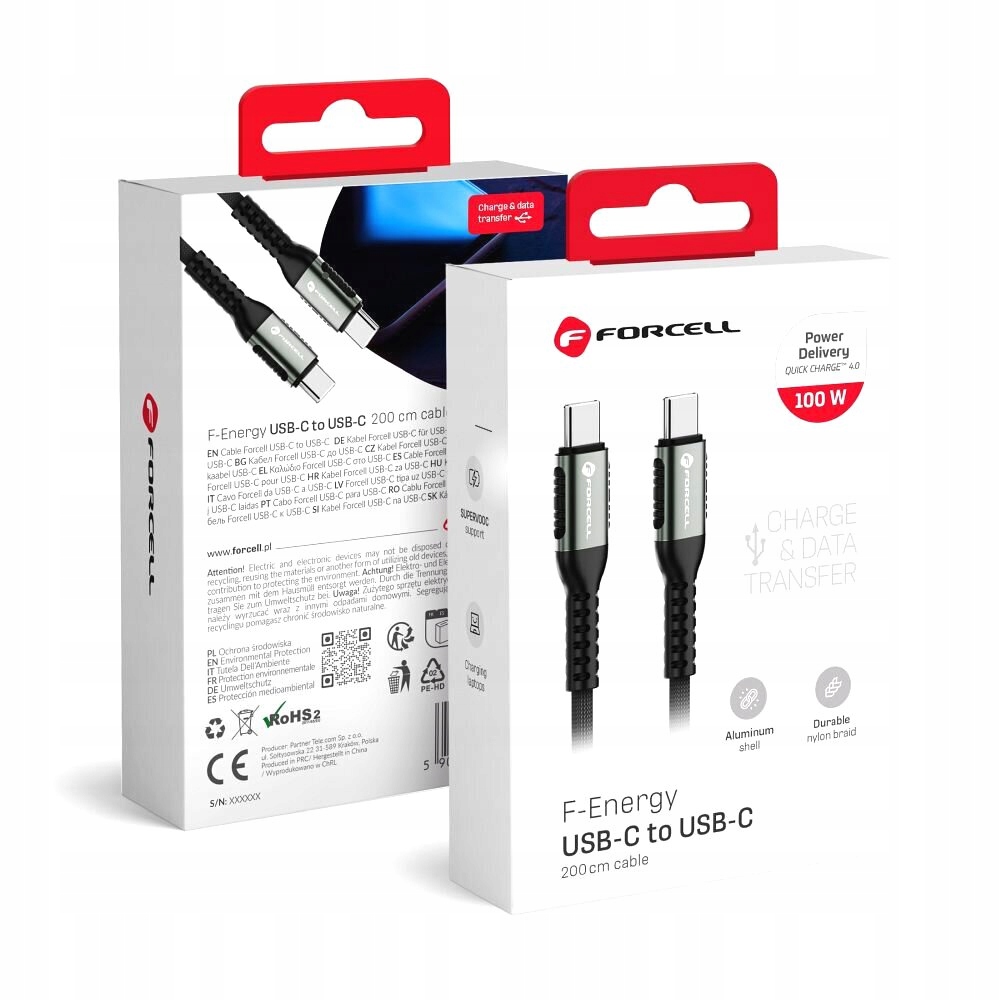 FORCELL kabel szbko ładujący USB-C QC4.0 PD 5A 100W Cafule 2m czarny