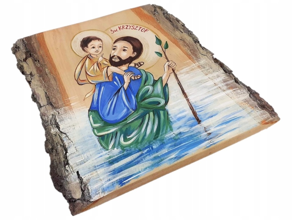 Obraz na litym drewnie Święty Krzysztof malowany