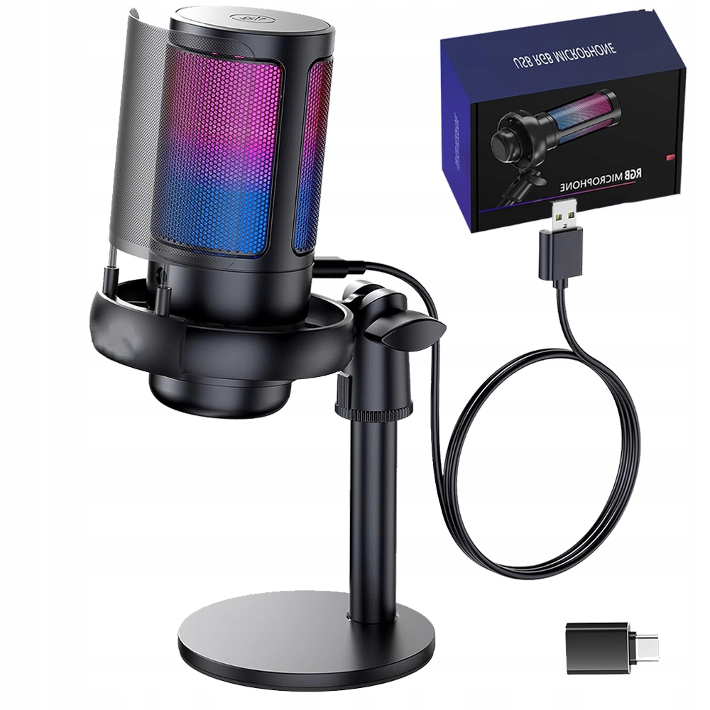 MIKROFON RGB POJEMNOŚCIOWY TRANSMISJI NA ŻYWODO KOMPUTERA GAMINGOWY USB