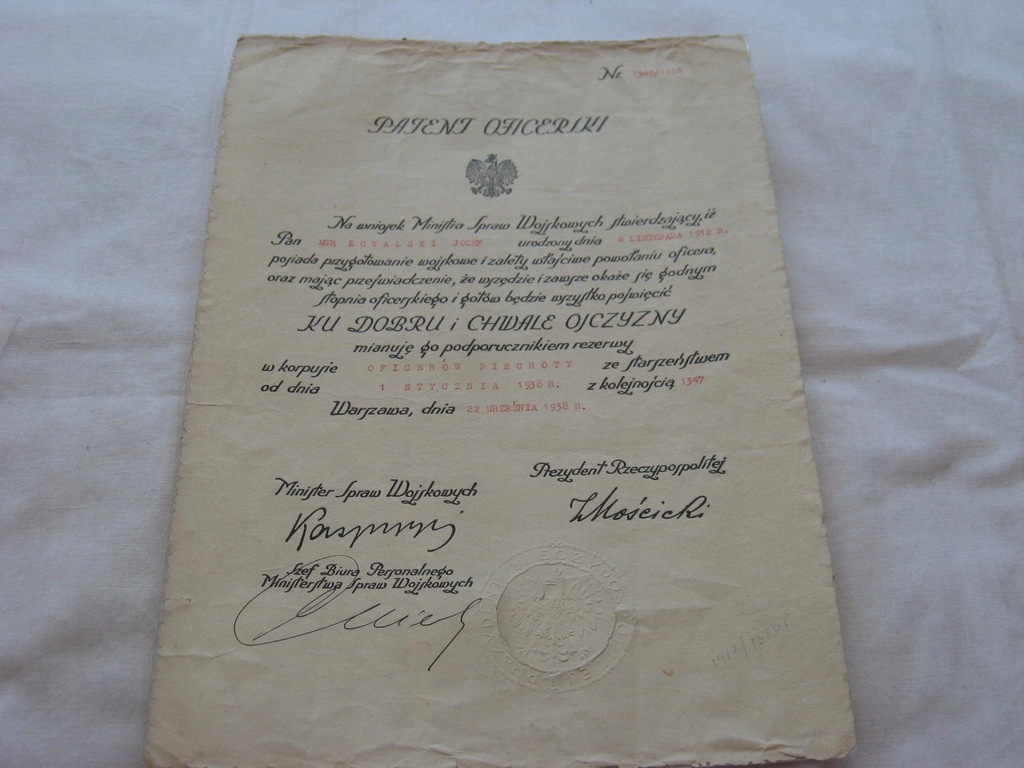 PATENT OFICERSKI 22 WRZESIEŃ 1938 ROK.