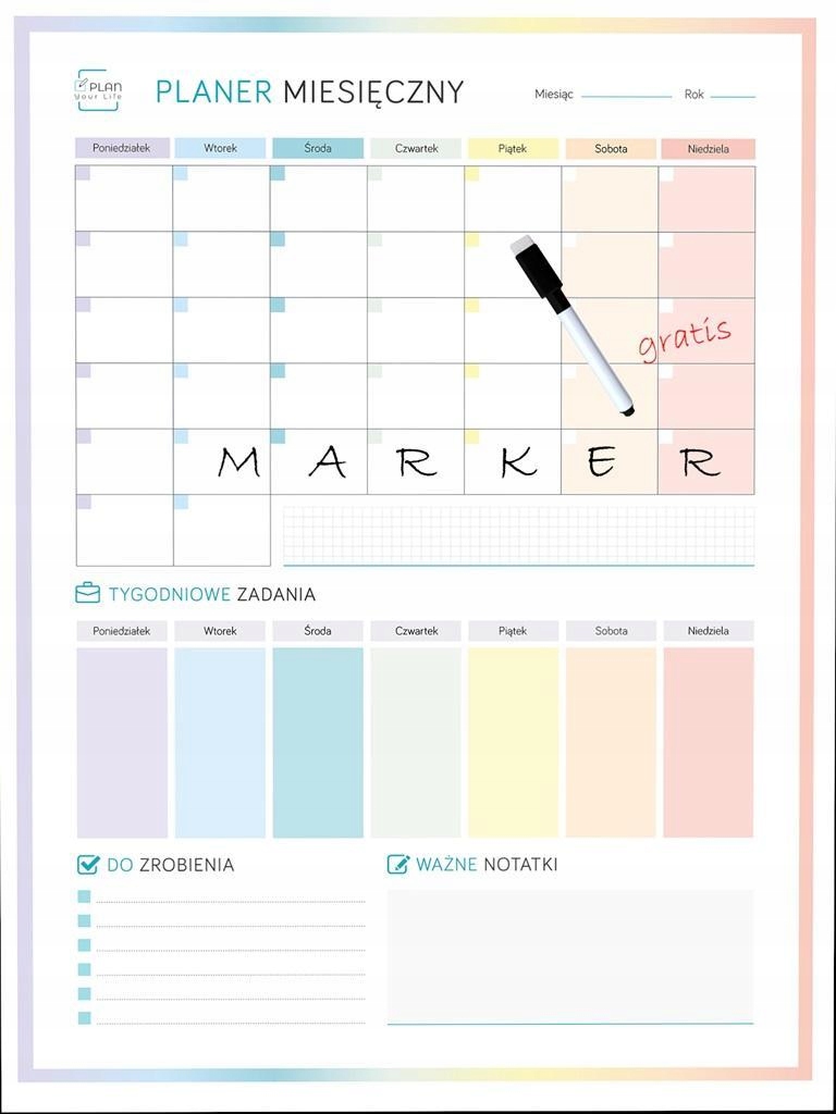 PLANER MAGNETYCZNY MIESIĘCZNY TĘCZOWY + MARKER
