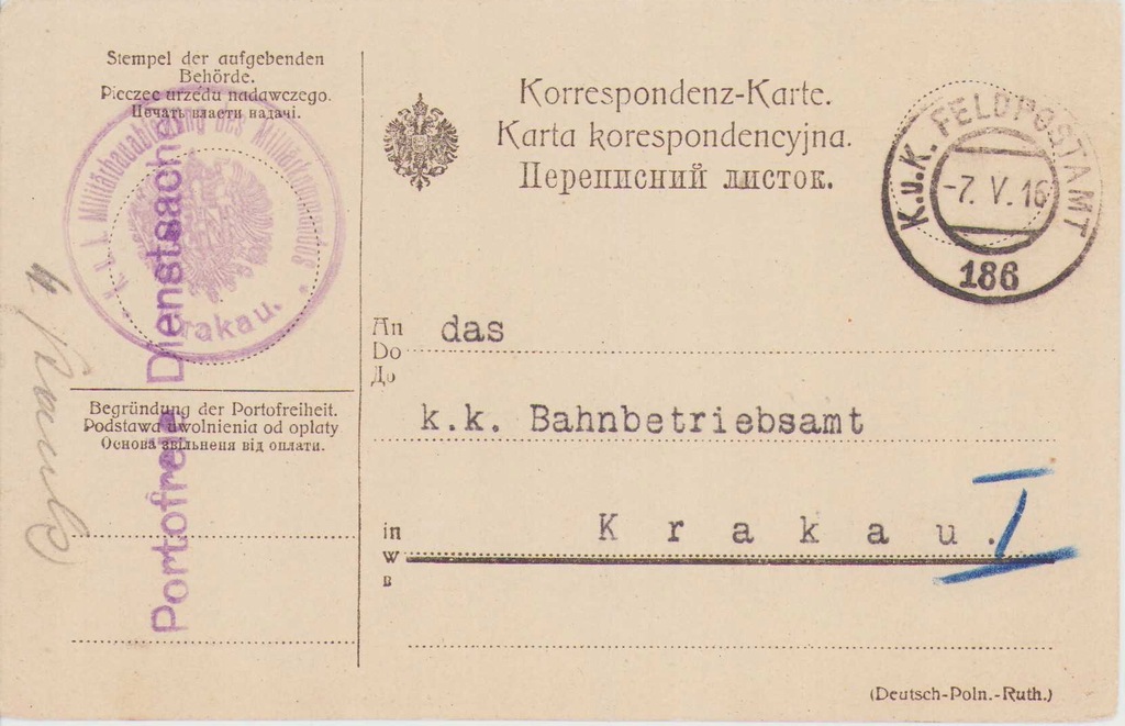 Karta korespondencyjna -Feldpost 186- Kraków 1916