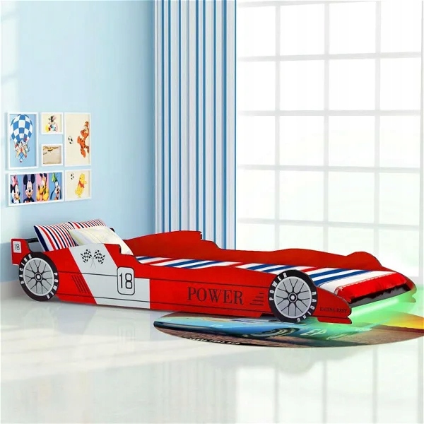 Łóżko dziecięce LED z samochodem wyścigowym, 90x200 cm, czerwone