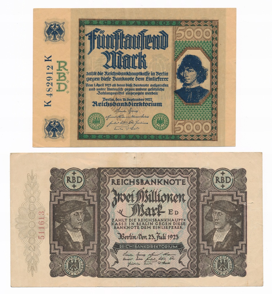 Niemcy, 5.000 marek 1922, 2.000.000 marek 1923, Zestaw 2 sztuki