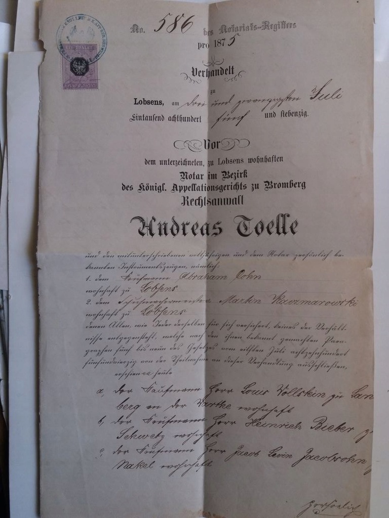 Dokument notar. Łobżenica Nakło Trzeciewnica 1875