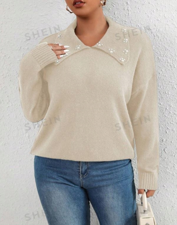 SHEIN CURVE SWETER DAMSKI BEŻOWY Z KOŁNIERZEM I KORALIKAMI XL 643
