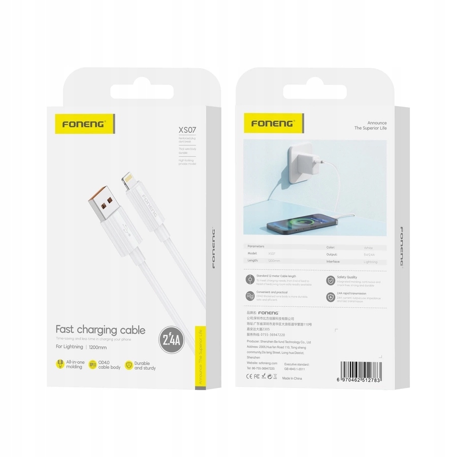 FONENG kabel XS07 Lightning 2.4A 1M Biały