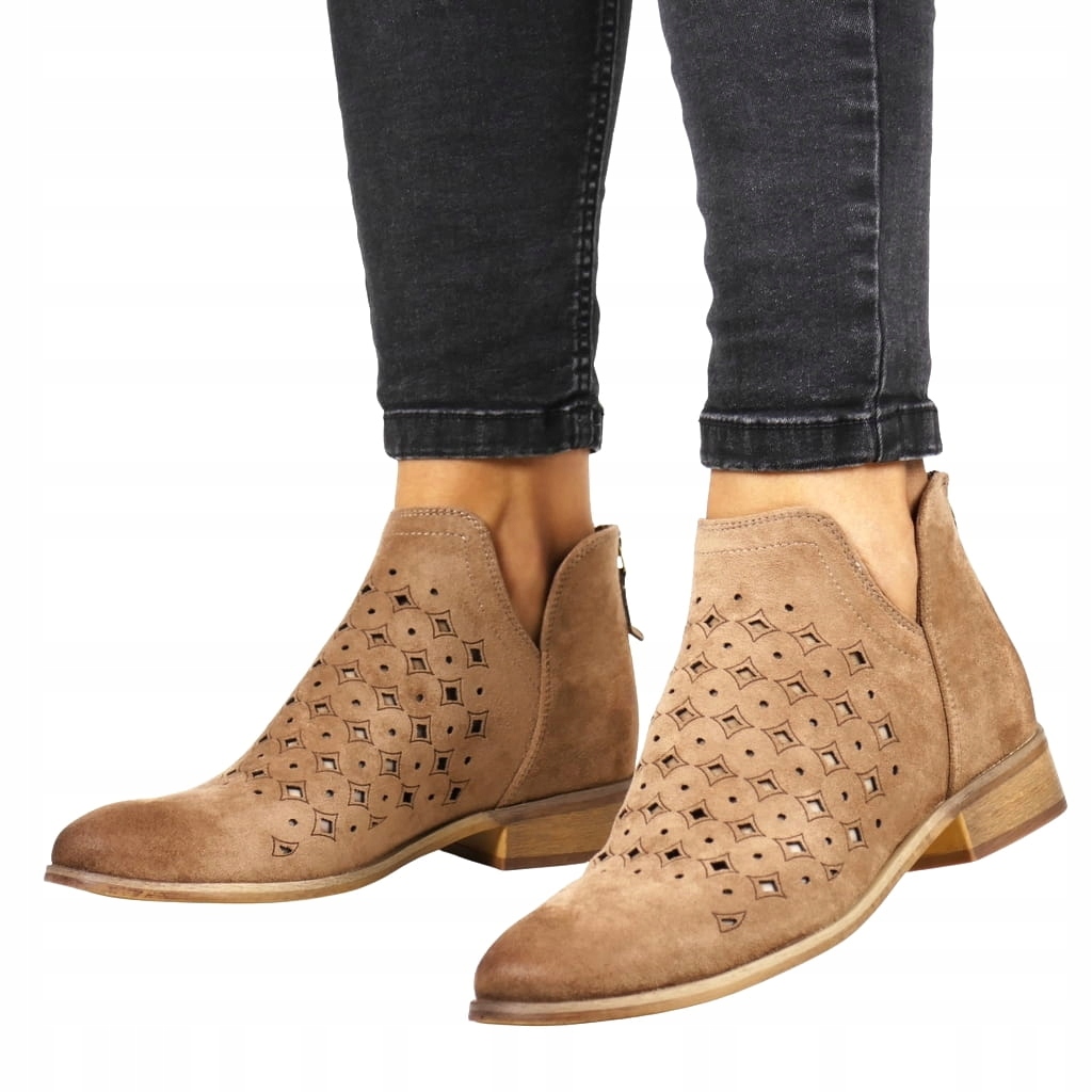 BUTY BOTKI SZTYBLETY AŻUROWE WIOSENNE MODNY WZÓR ZAMSZOWE BRĄZOWE TOP HOT