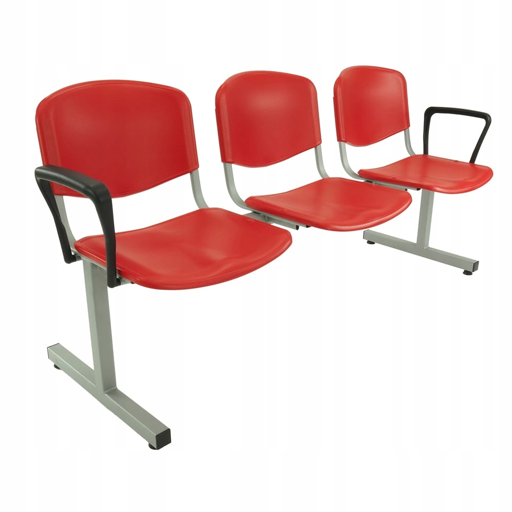 Ławka 3-os ISO - plastik czerwony | stelaż szary | podłokietniki