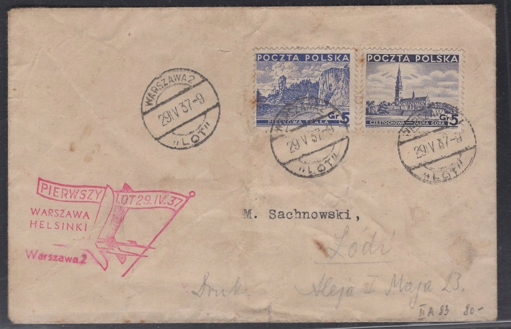 PIERWSZY LOT WARSZAWA-HELSINKI, 29-IV-1937,KOPERTA