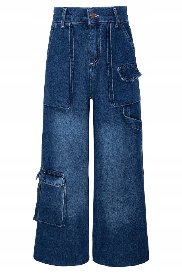 Spodnie jeansowe cargo ciemno niebieskie 152 szerokie Luźne