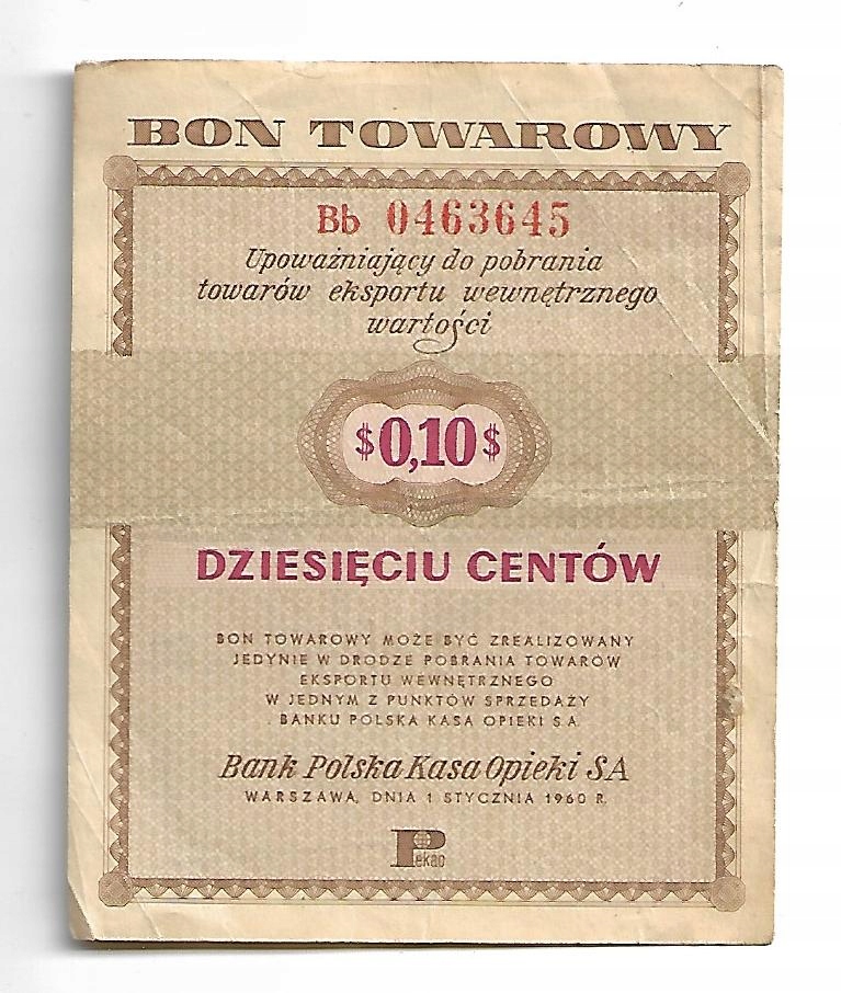 Bon towarowy P.K.O. - 0,10 $ / 1961 -