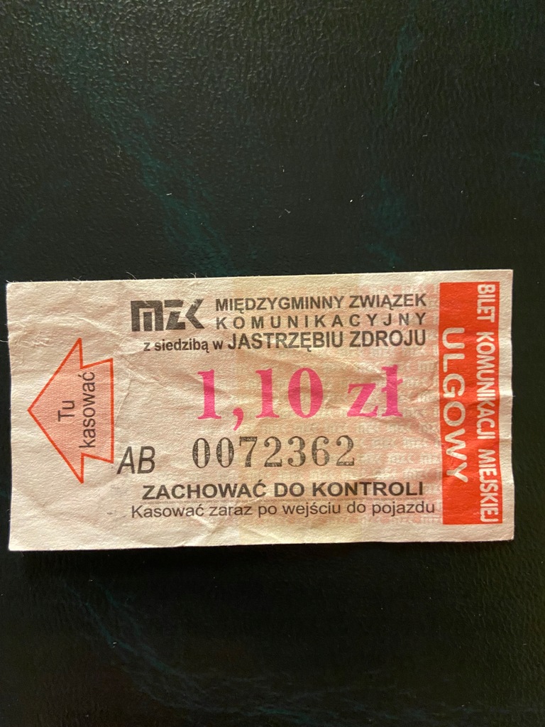 Bilet MZK JASTRZĘBIE-ZDR. 1,10zł U czerwony+ pasek