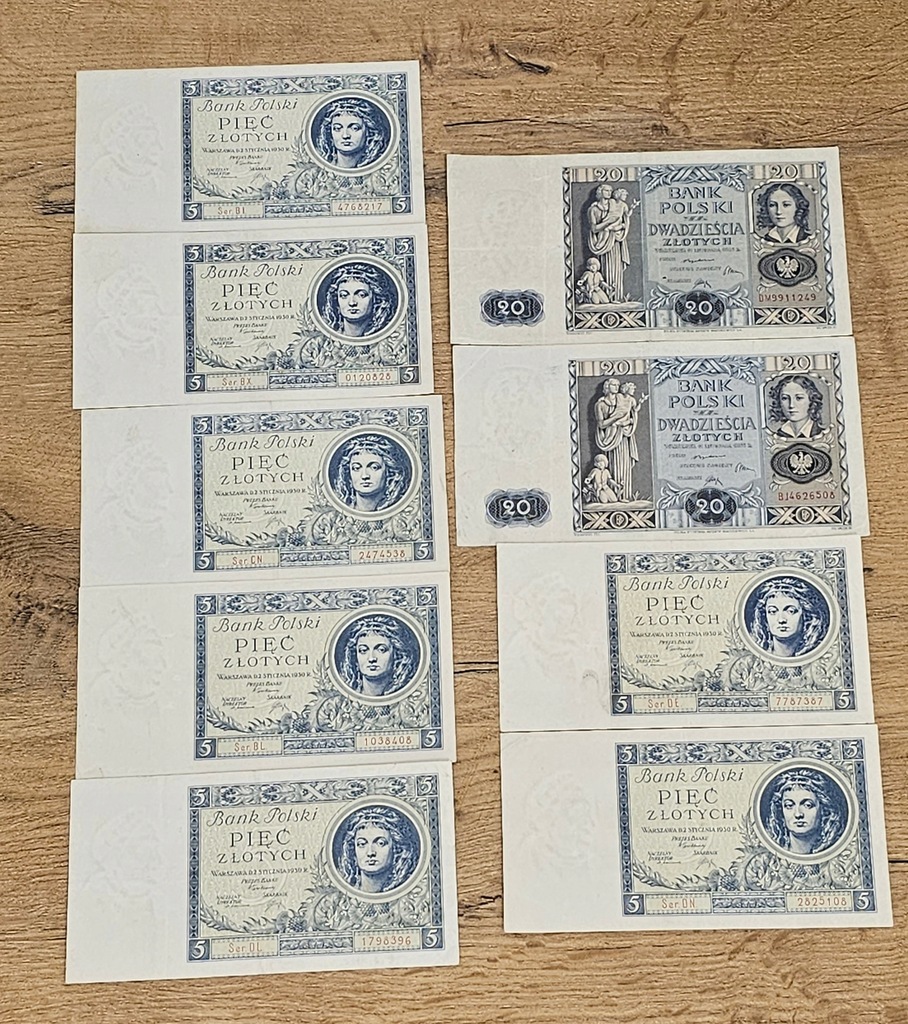 Zestaw Polskich Banknotów 5 i 20 zł 1930 i 1936 - 9 sztuk POLECAM