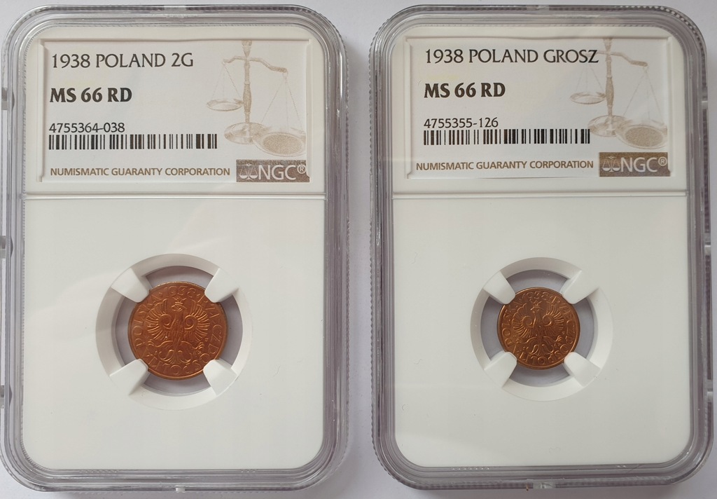 1 grosz i 2 grosze 1938 NGC MS66 RD