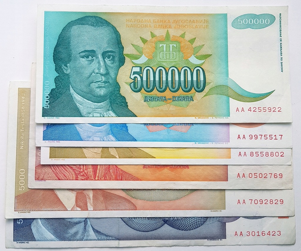 Jugosławia Zestaw banknotów Seria AA