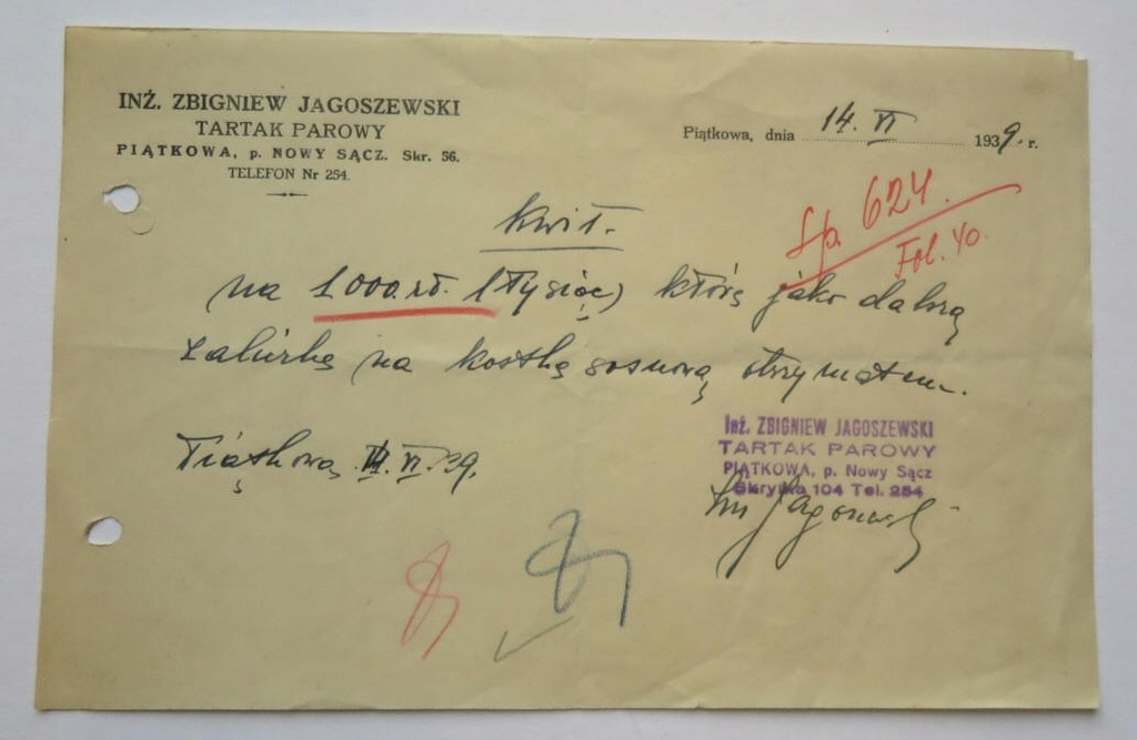 Kwit TARTAK PAROWY PIĄTKOWA p. Nowy Sącz 1939r