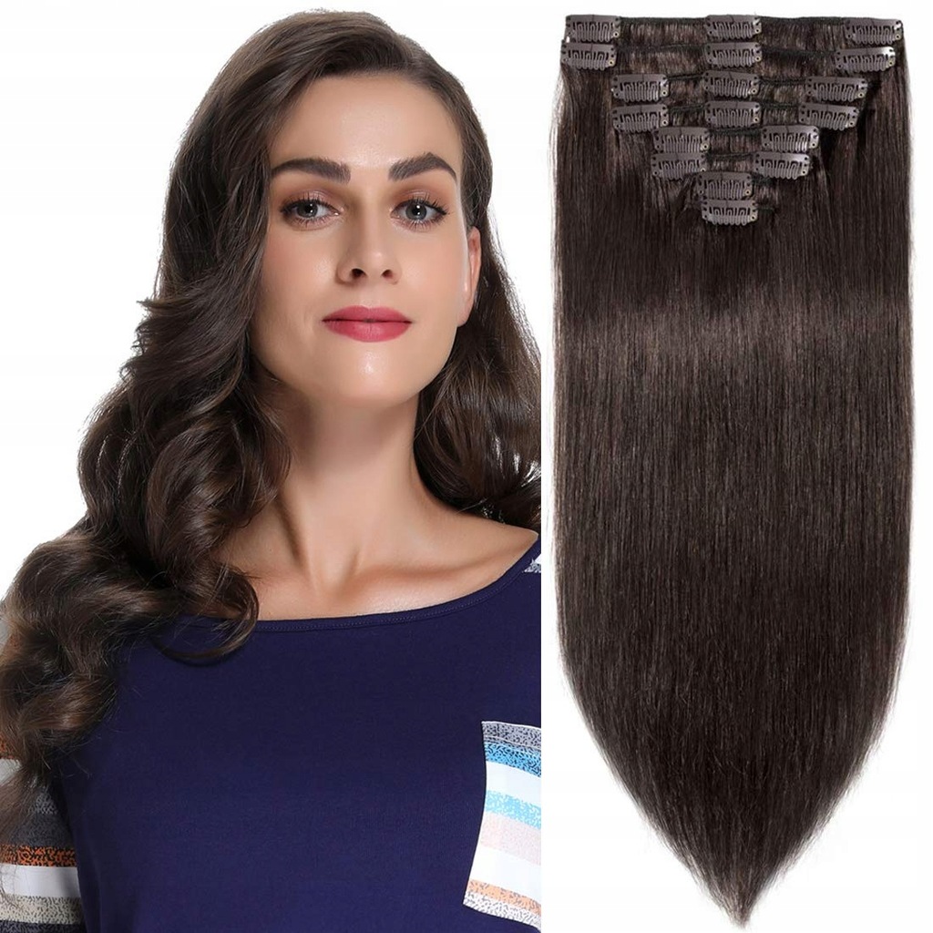 Doczepiane włosy clip in Ciemny brąz 33 cm proste