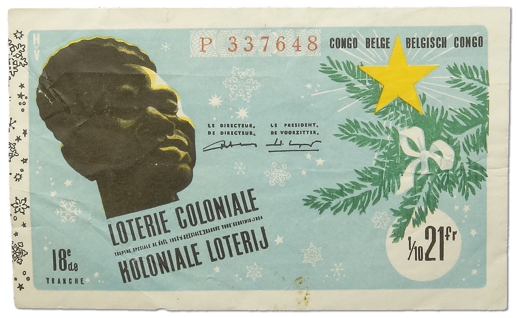 22.Congo Belg., Los Loterii 21 Franków 1954, St.3+