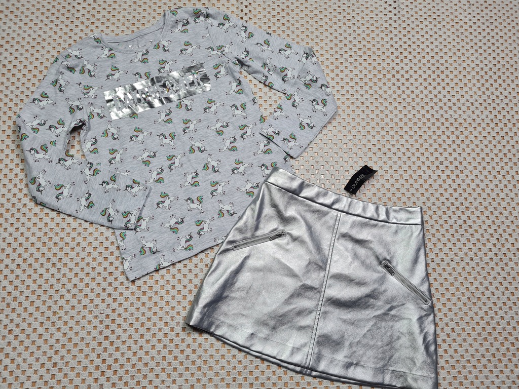 NOWA srebrna spódniczka i bluzeczka/jednorożce 128
