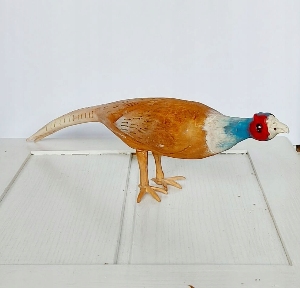 Ręcznie rzeźbiony ptak ptaszek kolorowy sztuka ludowa bażant + kolczyki