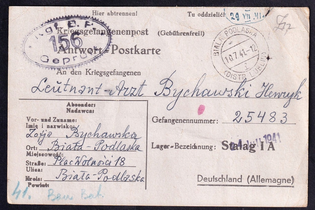 Stalag IA Stabławki 41 Baubatalion kartka 1941(51)
