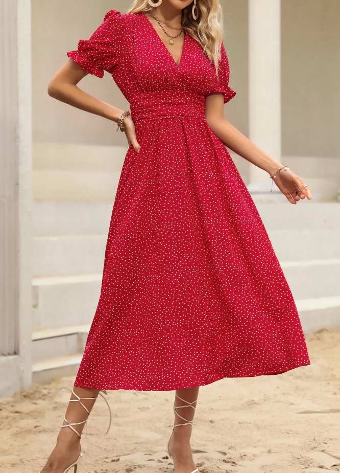 SUKIENKA CZERWONA W BIAŁE GROSZKI MIDI 40/42 1M7C