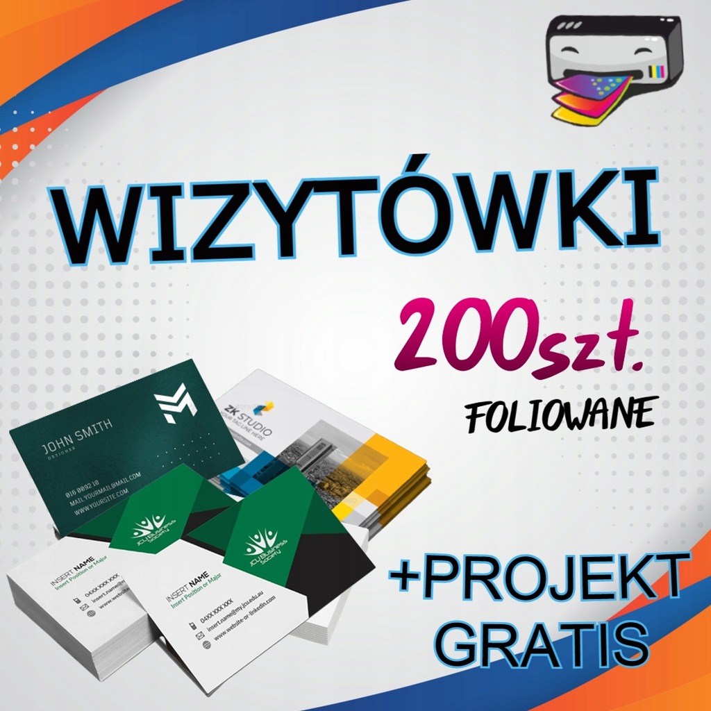 WIZYTÓWKI 200 sztuk + PROJEKT GRATIS - folia 350g