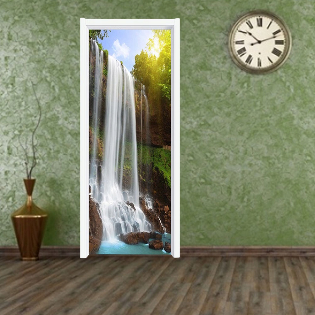 2pcs 3D Waterfall Forest Door Stickers PVC Self Ad