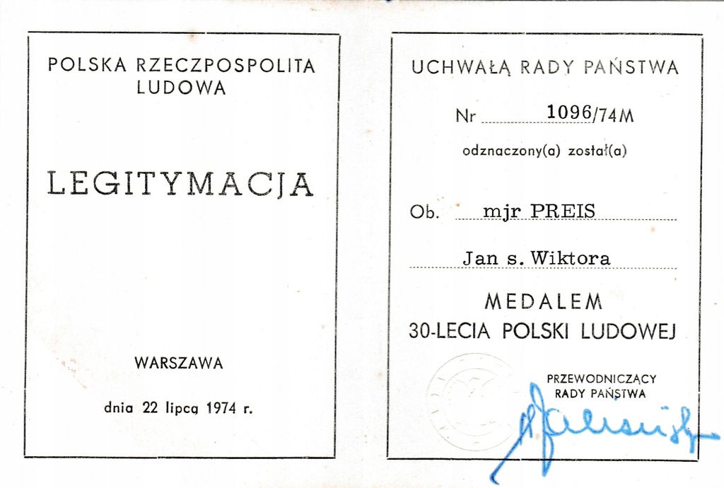 Legitymacja medalu 30 lecia PRL