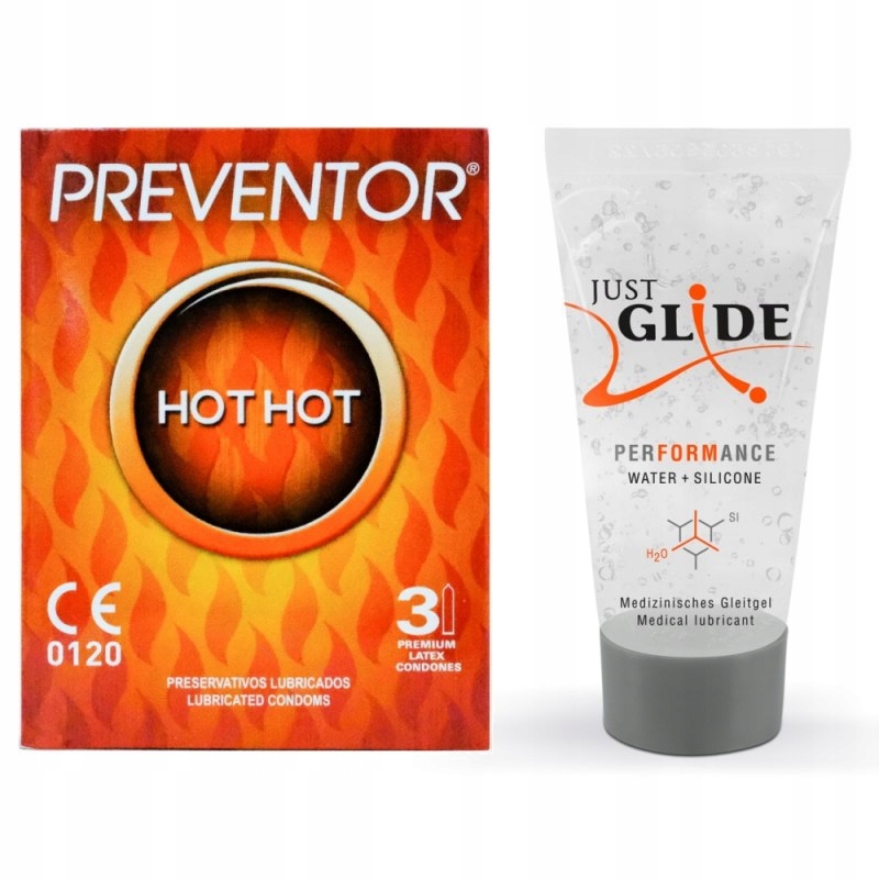 Prezerwatywy Hot Hot 3szt. Preventor i lubrykant Just Glide Performance 20m