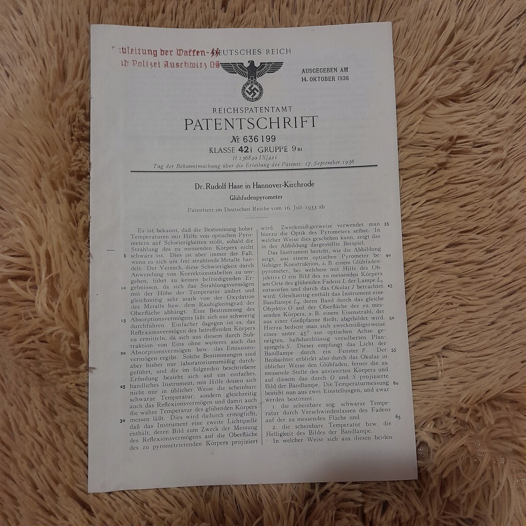 PATENTSCHRIFT DEUTSCHES REICH 1936