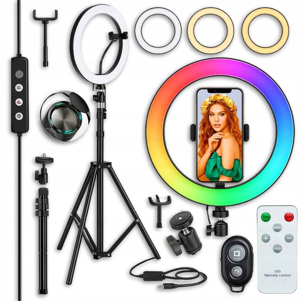 LAMPA PIERŚCIENIOWA LED RGB STOJAK DO ZDJĘĆ FILMÓW SELFIE MAKIJAŻ PREZENT