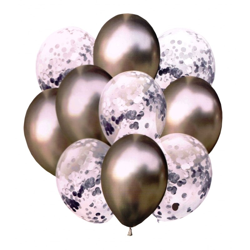 Balony metaliczne + konfetti 10szt 33cm srebrne