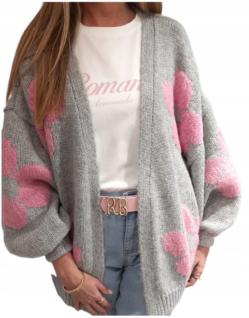COCOMORE Sweter Kardigan Szary + Różowy Kwiaty Nowość